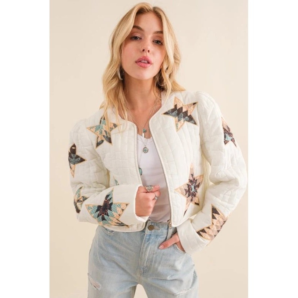 Blue B. Collection White Quilted Star Patchwork Cropped Zip Jacket Large